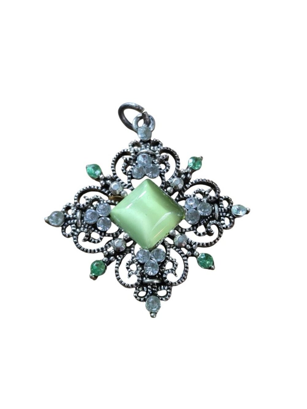 Vintage Victorian Style Revival Rhinestone Pendant Silvertone Cabachon Center